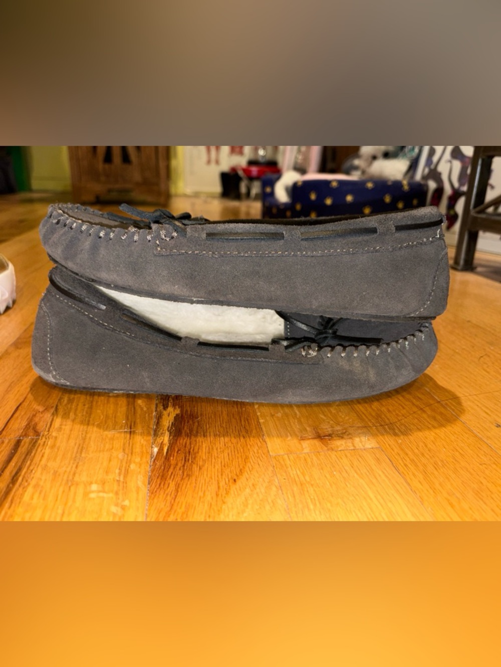 Minnetonka Gray Suede Moccasin Slippers with Fleece Lining